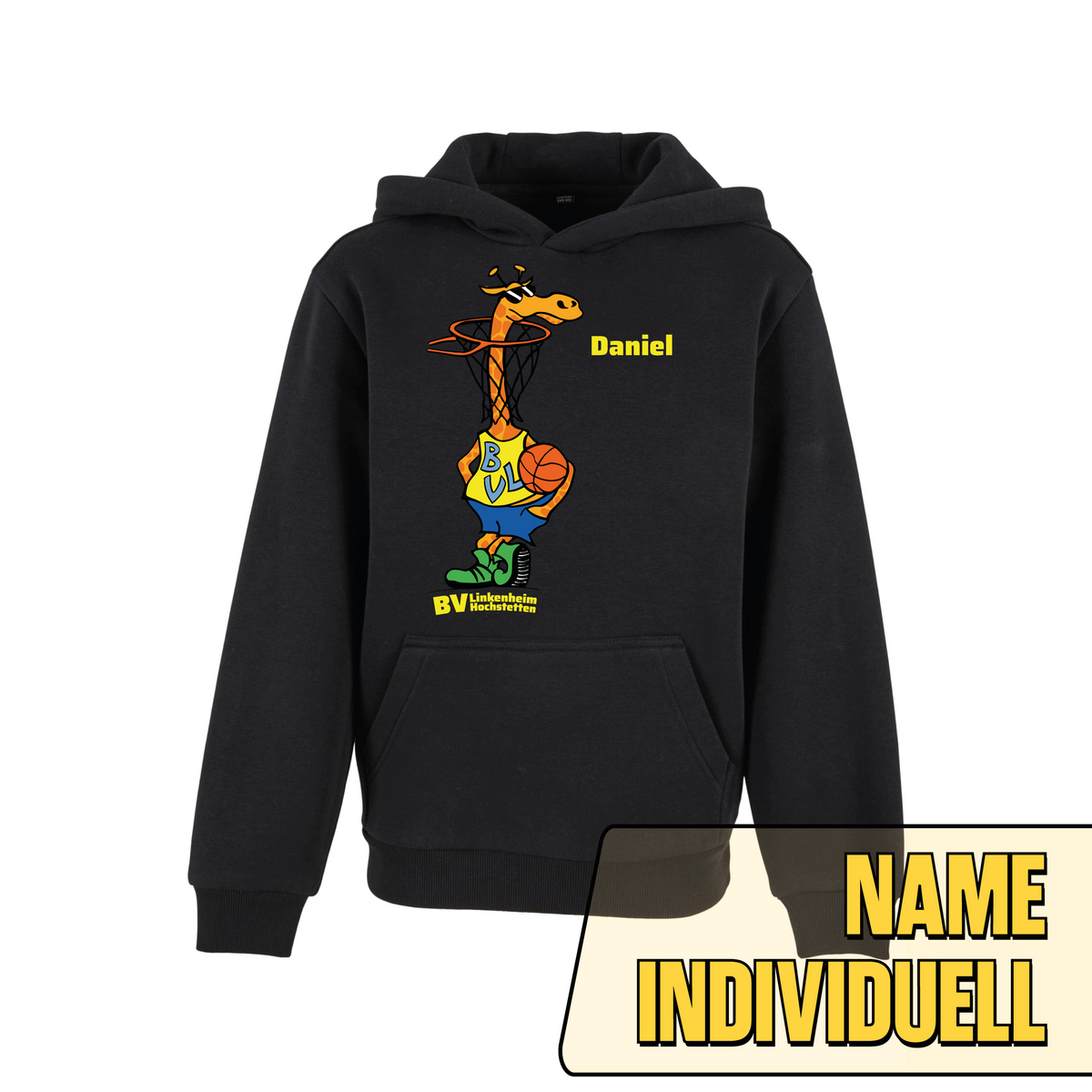 BVL Fluffy Hoody Kinder Schwarz – Vorderseite mit Giraffe und Name