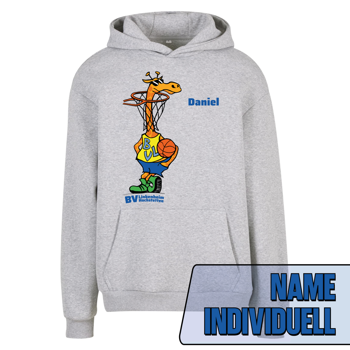 BVL Fluffy Hoody Kinder Heather Grey – Vorderseite mit Giraffe und Name