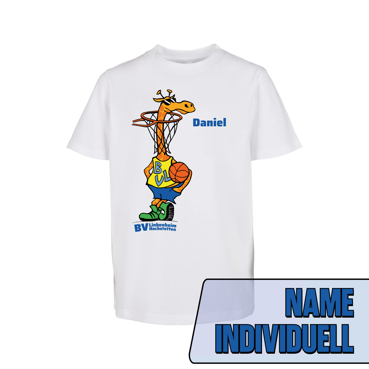 BVL Kids Classic-T Weiß – Vorderseite mit Giraffe und Name