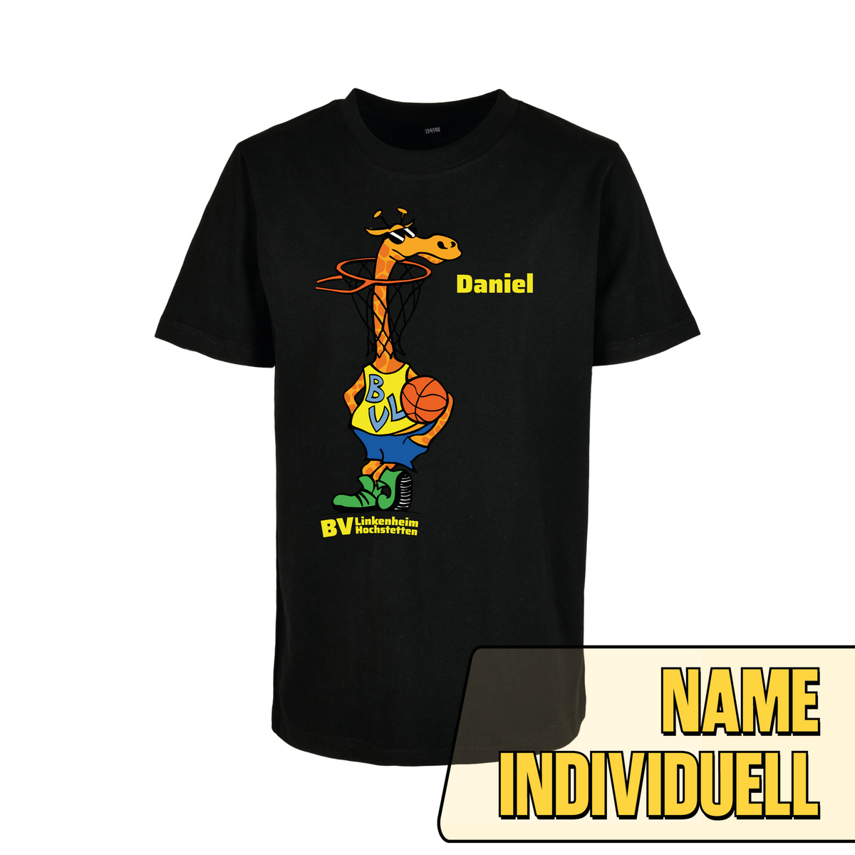 BVL Kids Classic-T Schwarz – Vorderseite mit Giraffe und Name